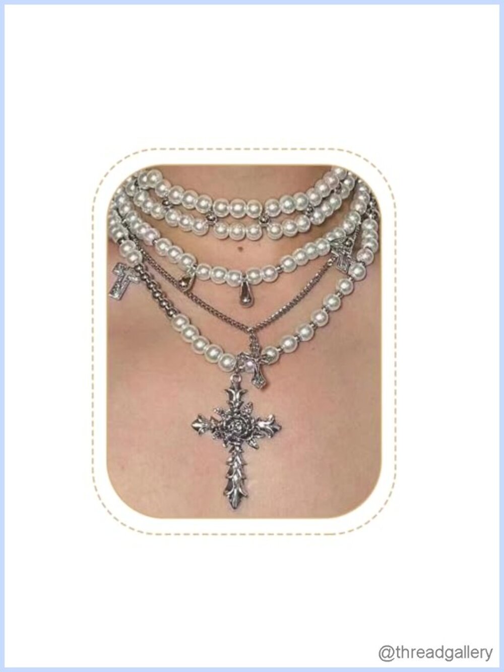 Layered Cross Pearl Choker Necklace Y2K Gothic Alloy Faux Pearl Lobster Clasp